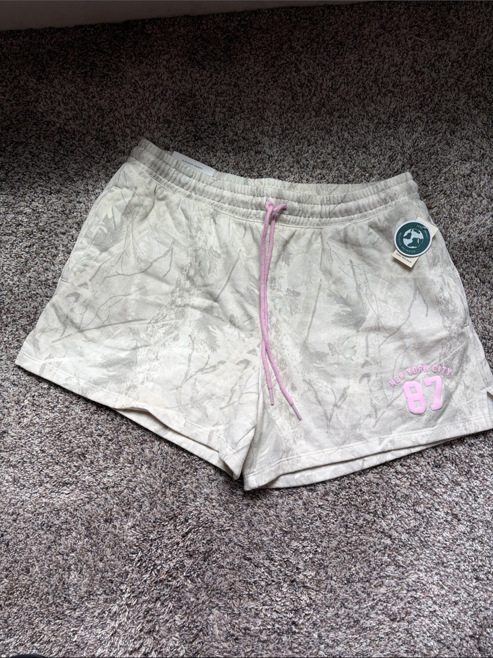 Women's Beige Camouflage Knit Shorts with Pink Drawcord - New York City 87